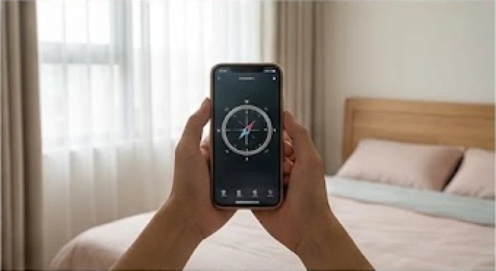 Sử dụng ứng dụng la bàn trên điện thoại di động để đo phương vị từ tâm phòng ngủ