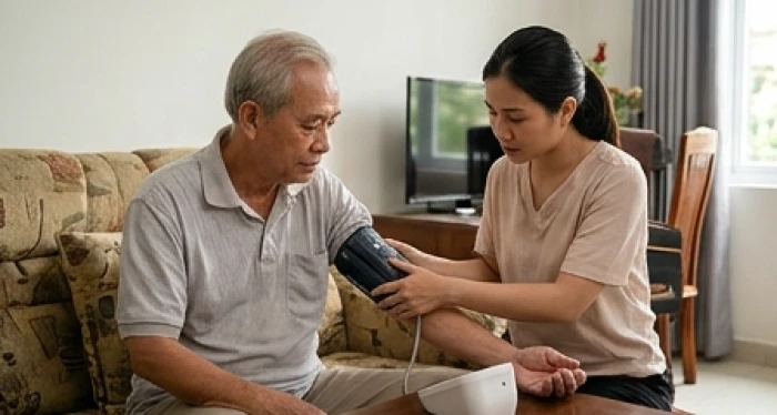Người con gái đang sử dụng máy đo huyết áp điện tử để kiểm tra sức khỏe cho cha già