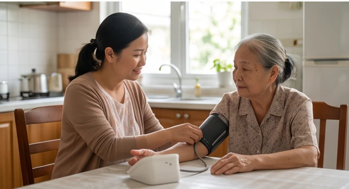Cụ già 83 tuổi đang được người thân đo huyết áp bằng máy điện tử tại nhà để theo dõi sát sao tình trạng sức khỏe
