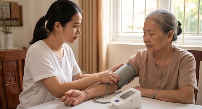 Con cháu cẩn thận đo huyết áp cho người cao tuổi tại nhà để kiểm soát sức khỏe hệ tim mạch