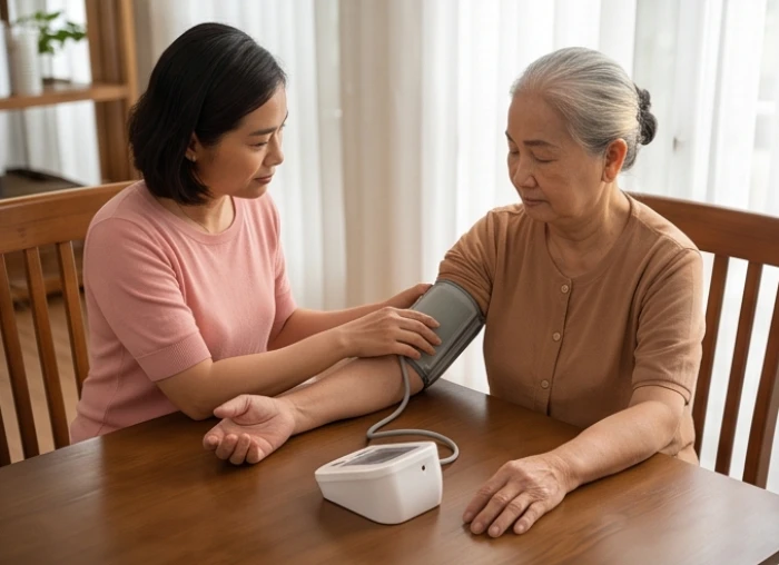 Người nhà cẩn thận sử dụng máy đo huyết áp điện tử để kiểm tra chỉ số sức khỏe hàng ngày cho ông bà
