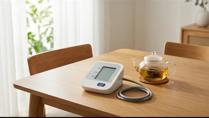 Máy đo huyết áp và tách trà thảo mộc trong không gian phòng khách thoáng đãng dành cho tuổi Ất Mão
