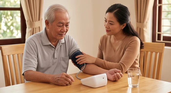 Con cháu hỗ trợ đo huyết áp bắp tay buổi sáng tại nhà cho cụ ông Bính Tuất để theo dõi sức khỏe