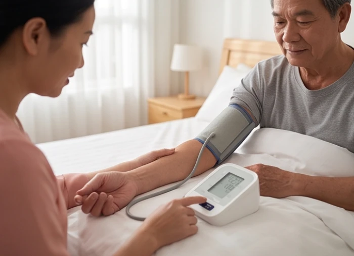 Con cháu kiểm tra huyết áp hằng ngày tại nhà cho người cao tuổi để theo dõi sức khỏe