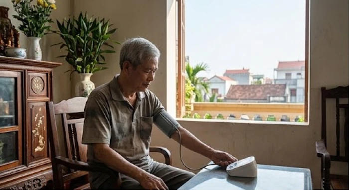 Người đàn ông lớn tuổi đang tự kiểm tra huyết áp tại nhà để theo dõi sát sao tình trạng sức khỏe tim mạch