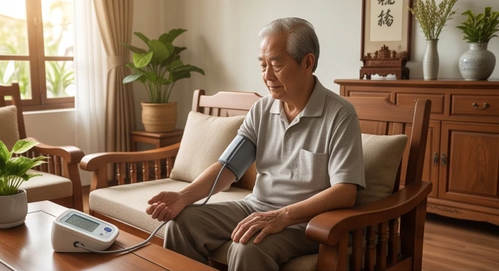 Người cao tuổi đang đo huyết áp tại nhà trong không gian phòng khách ấm cúng