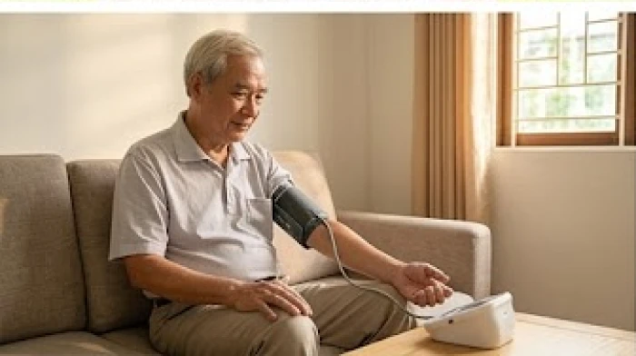 Một người đàn ông cao tuổi đang tự dùng máy đo huyết áp điện tử tại nhà để theo dõi sức khỏe