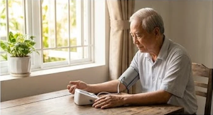 Cụ ông đang tự kiểm tra huyết áp bằng máy đo cá nhân vào buổi sáng bên khung cửa sổ ngập nắng