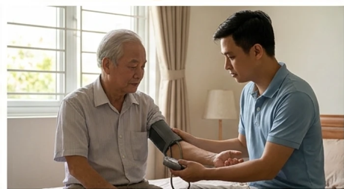 Con cháu cẩn thận đo huyết áp cho cụ ông vào buổi sáng để kiểm tra tình trạng tim mạch và hệ tuần hoàn