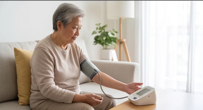 Một người cao tuổi đang cẩn thận kiểm tra các chỉ số sức khỏe bằng máy đo huyết áp điện tử cá nhân