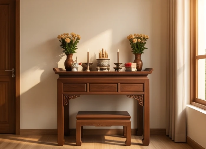 Bàn thờ gia tiên bằng gỗ trang nghiêm dựa lưng vào bức tường vững chãi chuẩn phong thủy Bát trạch