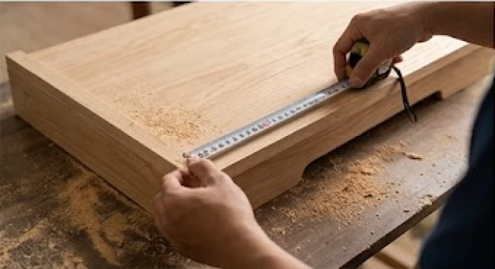 Đo đạc chiều dài và chiều sâu phủ bì của bàn thờ bằng thước cuộn Lỗ Ban chuyên dụng phong thủy