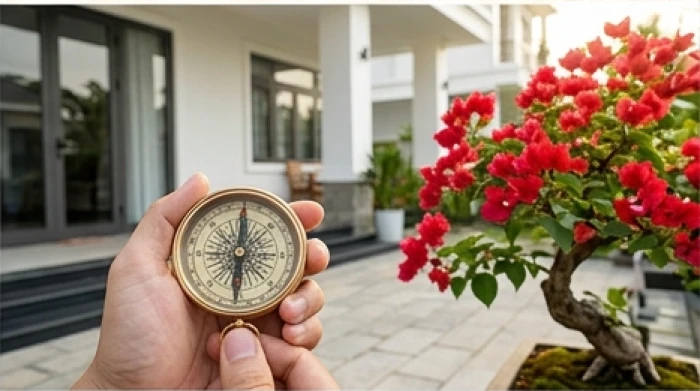 Đo phương vị sân trước bằng la bàn để xác định vị trí hướng Nam chuẩn xác cho việc trồng giàn hoa giấy màu đỏ cờ