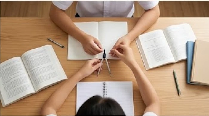 Học sinh cẩn thận sử dụng la bàn đo chính xác tọa độ và hướng mắt nhìn trên bàn học