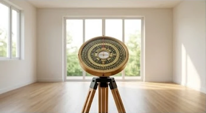 Đặt la bàn phong thủy trên giá đỡ tại tâm phòng khách để đo đạc phương hướng mặt tiền