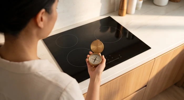 Gia chủ dùng la bàn đo hướng lưng khi đứng tại vị trí nấu của bếp từ hiện đại