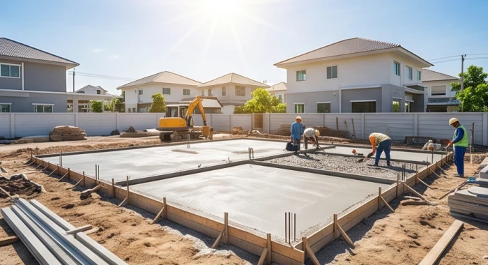 Công nhân đang tiến hành đổ móng bê tông cho ngôi nhà mới trong điều kiện thời tiết khô ráo mùa hè
