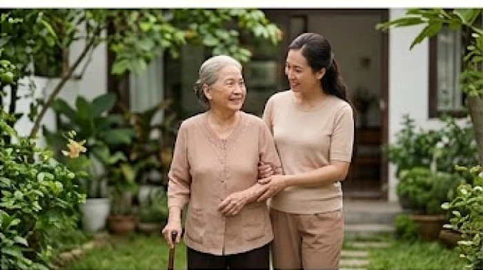 Người con hiếu thảo cẩn thận dìu cụ bà bước đi chậm rãi trên đoạn đường bằng phẳng để đảm bảo an toàn
