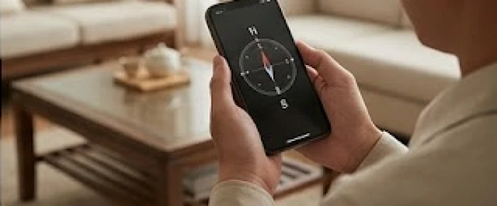 Bàn tay cầm điện thoại mở ứng dụng la bàn chỉ chính xác về phương vị hướng Nam trong phòng khách