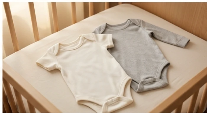 Bộ quần áo sơ sinh và chăn ủ màu trắng sữa tự nhiên không nhuộm hóa chất được đặt trong nôi em bé