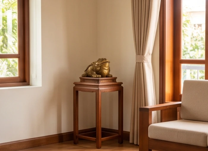 Bệ đặt tượng cóc ba chân bằng gỗ cao cách mặt sàn được bố trí gọn gàng tại góc tụ tài phòng khách