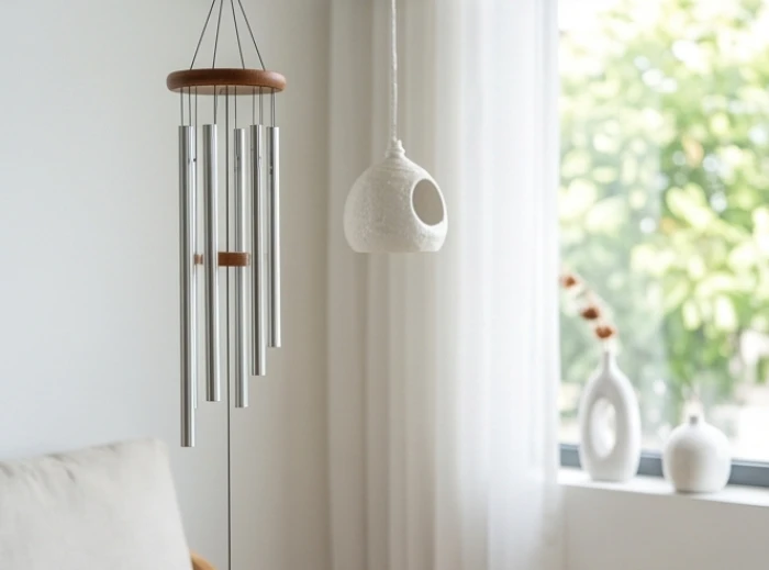 Một số vật dụng trang trí bằng kim loại sáng bóng đặt cạnh cửa sổ phòng khách để điều hòa năng lượng
