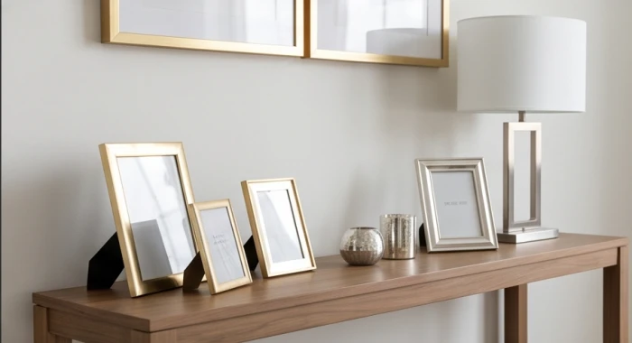 Khung tranh trang trí viền vàng kim kim loại cùng đèn bàn nhũ bạc tạo điểm nhấn trên bàn console gỗ phòng khách