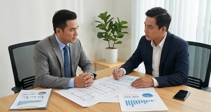 Cuộc thảo luận hợp tác kinh doanh thuận lợi giữa người tuổi Giáp Tý 1984 với đối tác mệnh Thổ trong văn phòng sang trọng