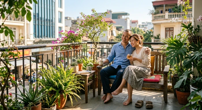 Cặp đôi vợ chồng tuổi Bính Tý tận hưởng không gian riêng tư yên bình bên ban công ngập tràn ánh nắng ban mai