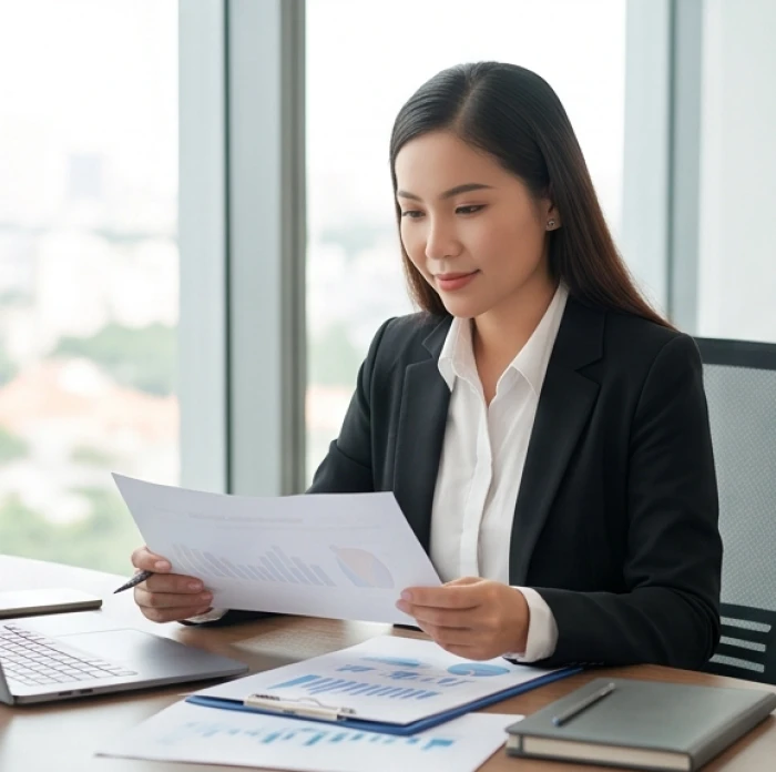 Nữ doanh nhân đang tự tin xem xét báo cáo tài chính trên bàn làm việc gọn gàng hiện đại