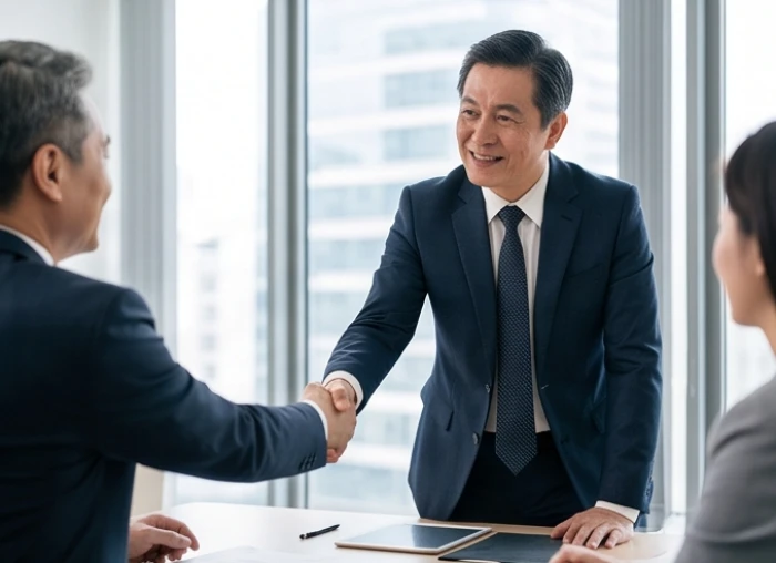 Doanh nhân trung niên điềm đạm bắt tay đối tác sau khi ký kết thành công một bản hợp đồng lớn