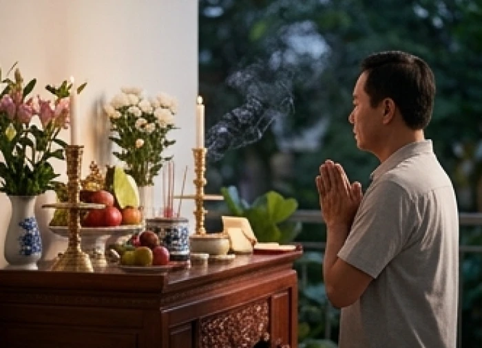 Gia chủ thành kính lạy trước hương án khói nhang tỏa nhẹ khi đọc bài văn khấn giải trừ vận hạn