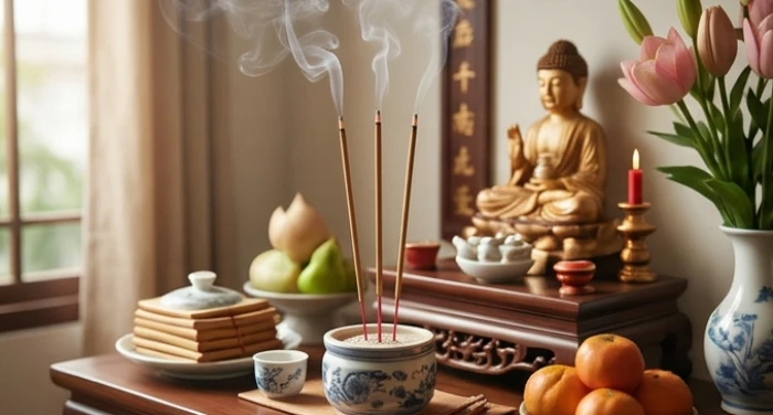 Bàn thờ gia tiên với ba nén nhang đang cháy tỏa ra làn khói mỏng nhẹ và thanh tịnh