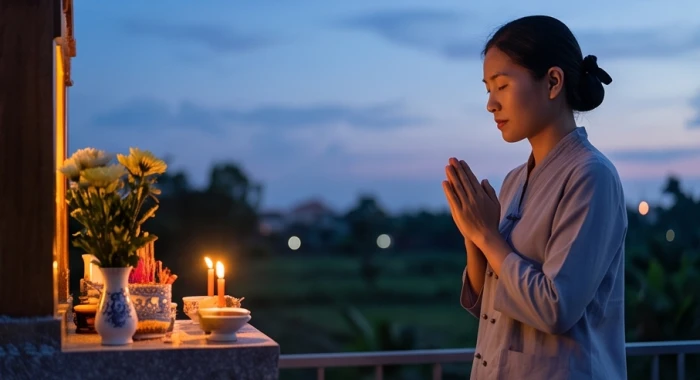 Gia chủ trang nghiêm thực hiện nghi lễ đọc bài văn khấn cầu bình an trong đêm rằm