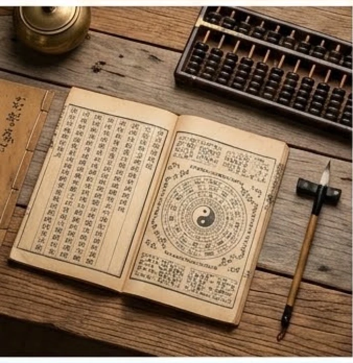 Cuốn sách tử vi cổ mở ra bên cạnh bàn tính gỗ dùng để đối chiếu thiên can địa chi và cung phi của hai người