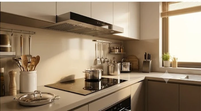 Gia chủ đang điều chỉnh vị trí đặt lò vi sóng và khu vực nấu nướng để thay đổi phương vị bếp