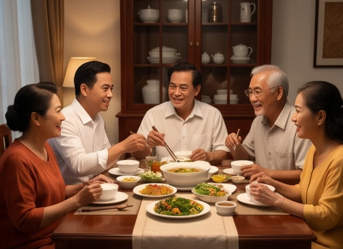 Bữa ăn tối ấm cúng cùng gia đình phản ánh sự bình yên và trọn vẹn trong đời sống tình cảm hậu vận.
