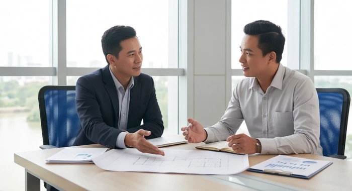 Cuộc thảo luận hợp tác suôn sẻ giữa đàn ông tuổi Hợi và cộng sự quyết đoán tại phòng họp doanh nghiệp