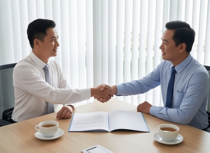 Hai đối tác bắt tay hợp tác kinh doanh trên bàn hội nghị với hợp đồng minh bạch rõ ràng