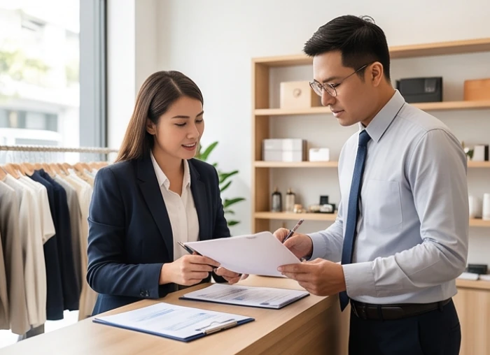 Hai chủ cửa hàng đang cùng nhau xem xét sổ sách quản lý kho và lập chiến lược tiếp thị