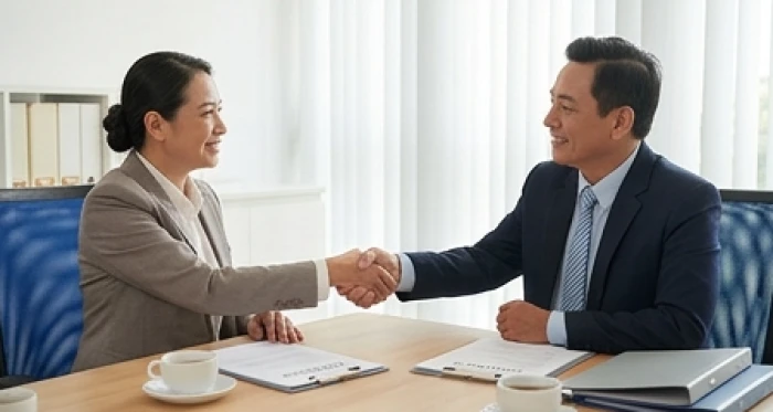 Hai doanh nhân cùng thảo luận hợp đồng thương mại trên bàn làm việc gỗ trong không gian văn phòng sáng sủa