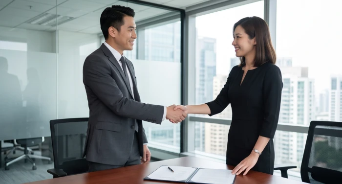 Hai vị đối tác ăn mặc lịch sự đang mỉm cười bắt tay ký kết một thỏa thuận hợp tác thương mại lâu dài