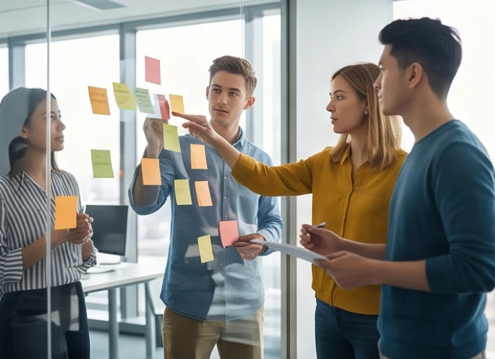 Nhóm sáng lập viên trẻ đang xây dựng ý tưởng khởi nghiệp bằng giấy ghi chú trên bảng kính văn phòng