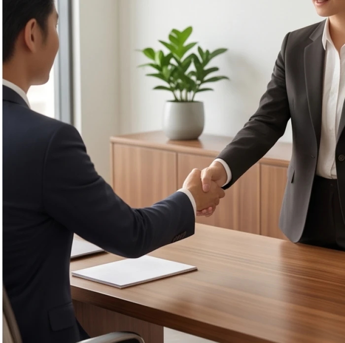 Hai người mặc trang phục công sở đang bắt tay thỏa thuận trên bàn làm việc có chậu cây nhỏ