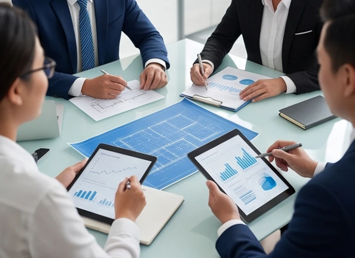 Cuộc họp lên kế hoạch chiến lược giữa các cộng sự kinh doanh trong văn phòng hiện đại ánh sáng chan hòa