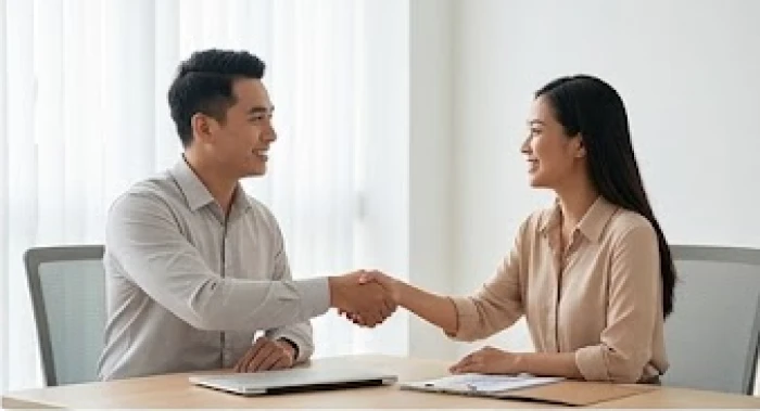 Hai doanh nhân đang bắt tay hợp tác vui vẻ trong một không gian làm việc hiện đại