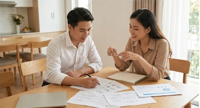 Hai người bạn đồng hành thảo luận công việc kinh doanh trong không gian làm việc chuyên nghiệp
