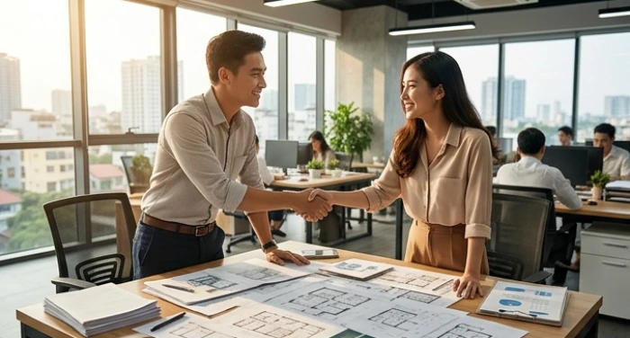 Hai cộng sự trẻ hào hứng bắt tay nhau sau khi hoàn thành bản thảo kế hoạch dự án trên bàn làm việc