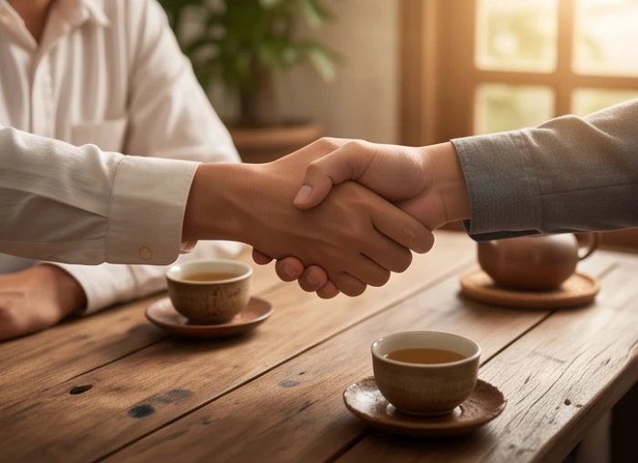 Hai đối tác đang bắt tay nhau trên bàn làm việc bằng gỗ biểu tượng cho sự hợp tác kinh doanh thành công