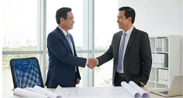 Hai người đàn ông trung niên mặc vest lịch lãm đang bắt tay hợp tác trước bản vẽ thiết kế